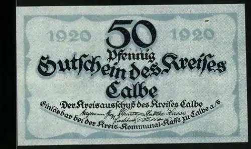 Notgeld Calbe a. S. 1920, 50 Pfennig, Turm und Wappen, Gutschein