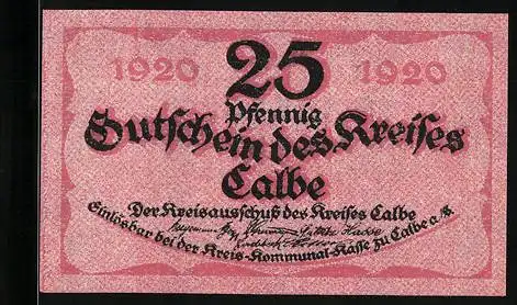 Notgeld Calbe a. S. 1920, 25 Pfennig, Turm und Wappen, Gutschein