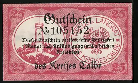 Notgeld Calbe a. S. 1920, 25 Pfennig, Turm und Wappen, Gutschein