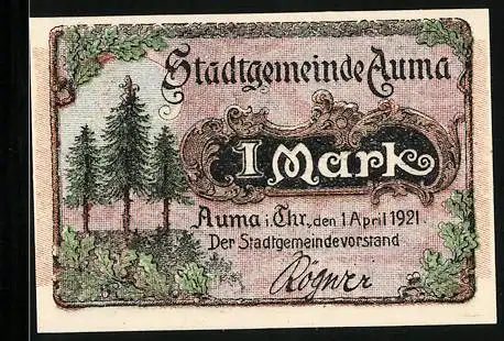 Notgeld Auma i. Thr. 1921, 1 Mark, Zwerg betrachtet einen Pilz im Aum`schen Wald