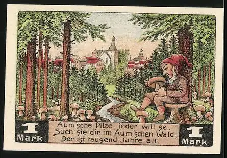 Notgeld Auma i. Thr. 1921, 1 Mark, Zwerg betrachtet einen Pilz im Aum`schen Wald