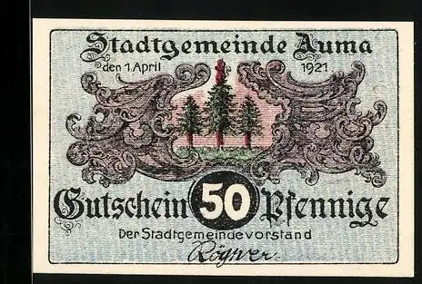 Notgeld Auma i. Thr. 1921, 50 Pfennig, Zwerg betrachtet einen Pilz im Aum`schen Wald, Gutschein