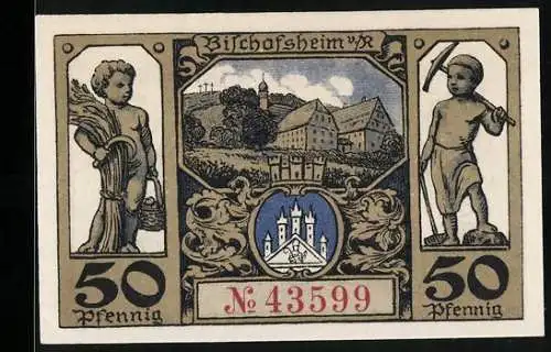 Notgeld Bischofsheim v. Rh., 50 Pfennig, Ortsansicht und Wappen, Gutschein