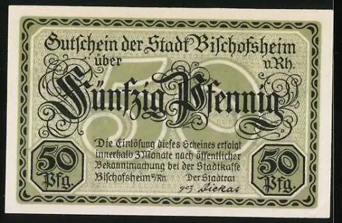 Notgeld Bischofsheim v. Rh., 50 Pfennig, Ortsansicht und Wappen, Gutschein