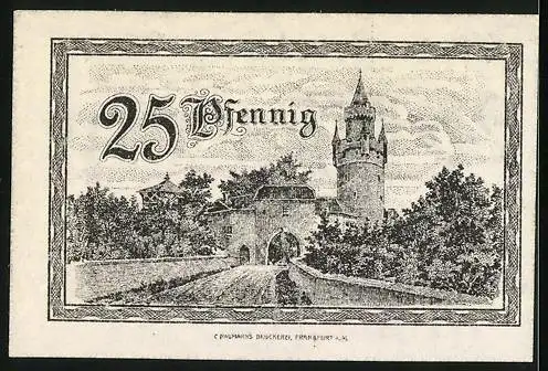 Notgeld Friedberg /Hessen 1920, 25 Pfennig, Stadtmauer mit Turm, Gutschein