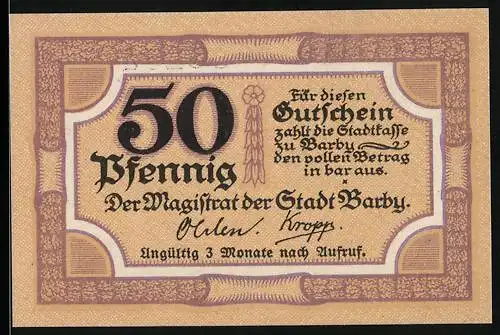Notgeld Barby 1921, 50 Pfennig, Hasen und Ornamentik, Gutschein