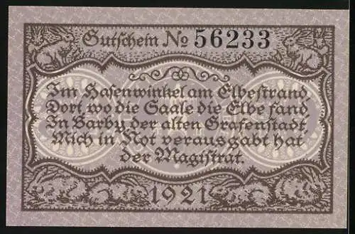 Notgeld Barby 1921, 50 Pfennig, Hasen und Ornamentik, Gutschein