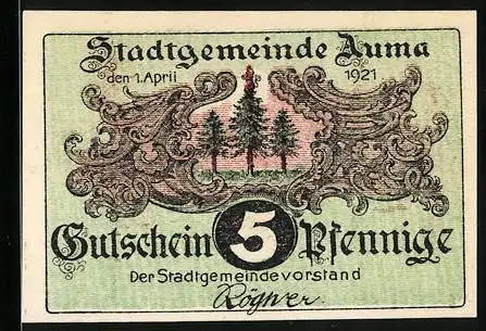 Notgeld Auma i. Thr. 1921, 5 Pfennig, Zwerg betrachtet einen Pilz im Aum`schen Wald, Gutschein