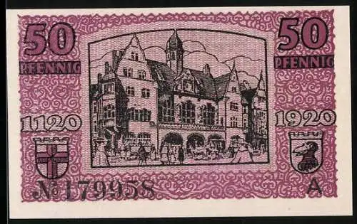 Notgeld Freiburg i. Br. 1920, 50 Pfennig, Rathaus und Wappen, Gutschein