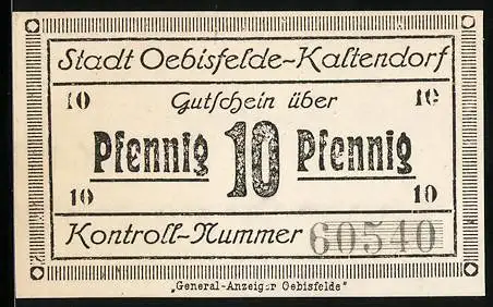 Notgeld Oebisfelde-Kaltendorf, 10 Pfennig, General-Anzeiger Oebisfelde u. Kontroll-Nummer, Stempel mit Eule, Gutschein