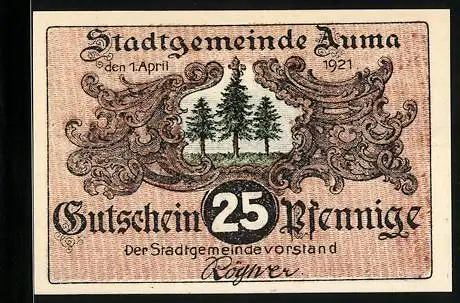 Notgeld Auma i. Thr. 1921, 25 Pfennig, Zwerg betrachtet einen Pilz im Aum`schen Wald, Gutschein