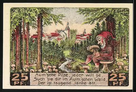 Notgeld Auma i. Thr. 1921, 25 Pfennig, Zwerg betrachtet einen Pilz im Aum`schen Wald, Gutschein