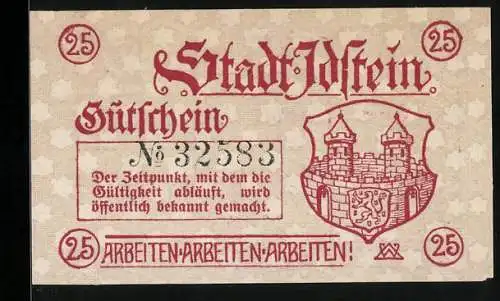 Notgeld Idstein, 25 Pfennig, Stadtturm und Wappen, Gutschein