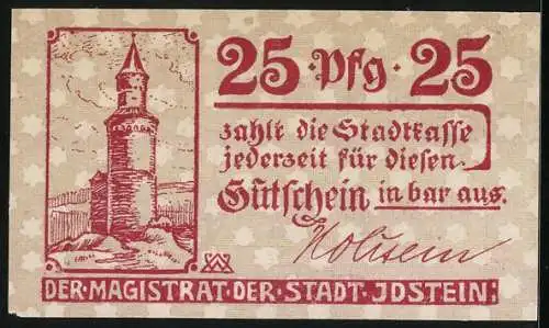 Notgeld Idstein, 25 Pfennig, Stadtturm und Wappen, Gutschein