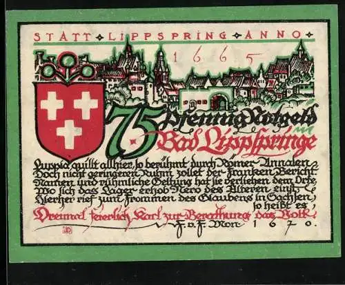 Notgeld Bad Lippspringe 1921, 75 Pfennig, Panorama, Wappen und Sachsentaufe an den Quellen der Lippe