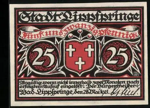 Notgeld Bad Lippspringe 1921, 25 Pfennig, Bauer bei der Feldarbeit, Wappen
