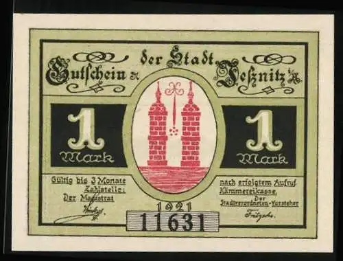 Notgeld Jessnitz i. A. 1921, 1 Mark, Panorama und Seepartie, Wappen, Gutschein