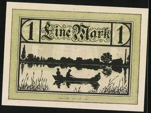 Notgeld Jessnitz i. A. 1921, 1 Mark, Panorama und Seepartie, Wappen, Gutschein