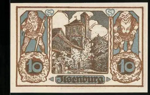 Notgeld Ilsenburg /Harz 1921, 10 Pfennig, Ortspartie und Zwerge, Gutschein