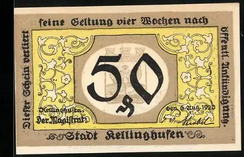 Notgeld Kellinghusen 1920, 50 Pfennig, Kirche und Wappen