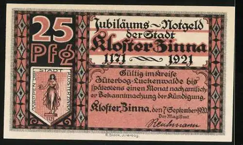 Notgeld Kloster Zinna 1920, 25 Pfennig, Klosterkirche