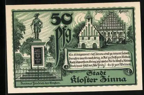 Notgeld Kloster Zinna 1920, 50 Pfennig, Fürstenhaus und Denkmal Friedrich des Grossen