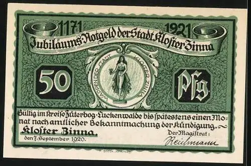 Notgeld Kloster Zinna 1920, 50 Pfennig, Fürstenhaus und Denkmal Friedrich des Grossen