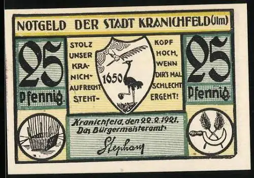 Notgeld Kranichfeld /Ilm 1921, 25 Pfennig, Ortsansicht und Wappen