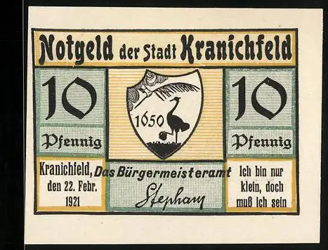 Notgeld Kranichfeld /Ilm 1921, 10 Pfennig, Niederburg (Weimarisches Schloss) und Wappen
