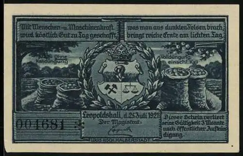Notgeld Leopoldshall i. Anh. 1921, 75 Pfennig, Kali-Forschungsanstalt, Ernte mit u. ohne Kali-Düngung, Gutschein