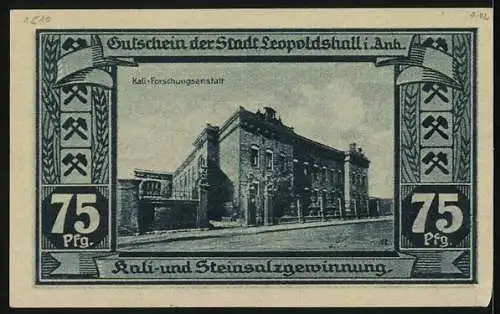 Notgeld Leopoldshall i. Anh. 1921, 75 Pfennig, Kali-Forschungsanstalt, Ernte mit u. ohne Kali-Düngung, Gutschein