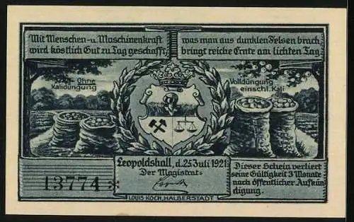 Notgeld Leopoldshall i. Anh. 1921, 75 Pfennig, Kali-Forschungsanstalt, Ernst mit u. ohne Kali-Düngung, Gutschein