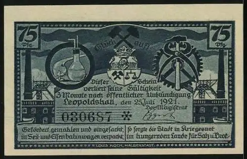 Notgeld Leopoldshall i. Anh. 1921, 75 Pfennig, Kali- u. Salzgewinnung, Verladung der Salze, Fabrik u. Wappen, Gutschein