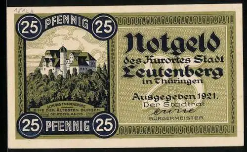 Notgeld Leutenberg i. Thür. 1921, 25 Pfennig, Schloss Friedensburg, Wappen