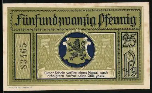 Notgeld Leutenberg i. Thür. 1921, 25 Pfennig, Schloss Friedensburg, Wappen