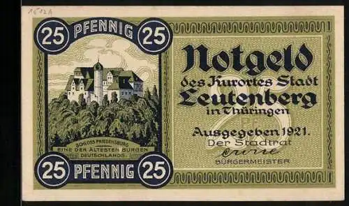 Notgeld Leutenberg i. Thür. 1921, 25 Pfennig, Schloss Friedensburg, Wappen