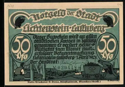 Notgeld Lichtenstein-Callnberg 1921, 50 Pfennig, Arbeiter am Webstuhl u. im Bergwerk, Satan fängt an zu witzeln