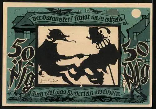 Notgeld Lichtenstein-Callnberg 1921, 50 Pfennig, Arbeiter am Webstuhl u. im Bergwerk, Satan fängt an zu witzeln