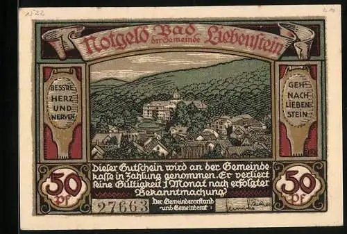 Notgeld Bad Liebenstein, 50 Pfennig, Ortsansicht und Quellentempel, Gutschein