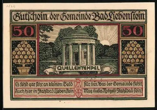 Notgeld Bad Liebenstein, 50 Pfennig, Ortsansicht und Quellentempel