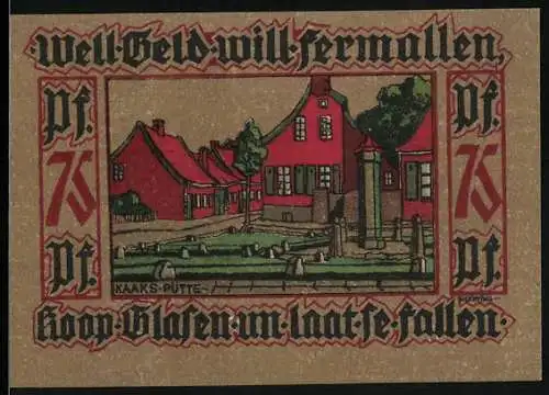 Notgeld Leer /Ostfriesland 1921, 75 Pfennig, Frau in Tracht, Kaaks-Pütte, Gutschein