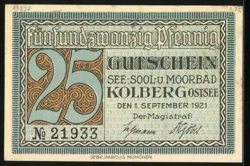 Notgeld Kolberg /Ostsee 1921, 25 Pfennig, Familienbad, Gutschein