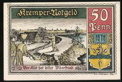 Notgeld Krempe 1920, 50 Pfennig, Arbeiter beim Deichbau, Kremper Vogelschiessen, Wappen