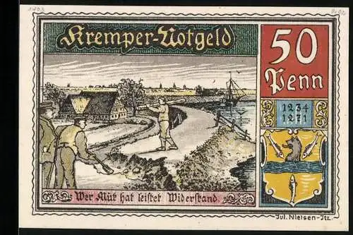 Notgeld Krempe 1920, 50 Pfennig, Arbeiter beim Deichbau, Kremper Vogelschiessen, Wappen