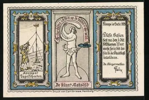 Notgeld Krempe 1920, 50 Pfennig, Arbeiter beim Deichbau, Kremper Vogelschiessen, Wappen