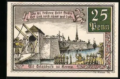 Notgeld Krempe 1920, 25 Pfennig, Hafanlage mit Zugbrücke, Rolandrieden und Bürgermeister