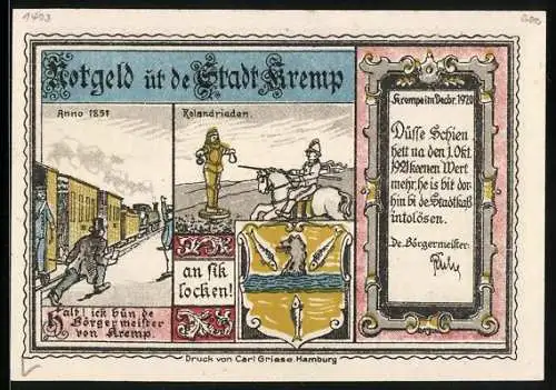 Notgeld Krempe 1920, 25 Pfennig, Hafenanlage mit Zugbrücke, Rolandrieden und Bürgermeister, Wappen