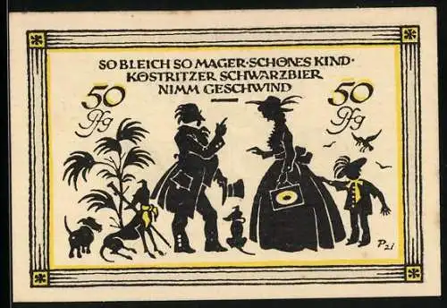Notgeld Köstritz 1921, 50 Pfennig, Mann empfiehlt der Dame Köstritzer Schwarzbier zur Stärkung, Gutschein