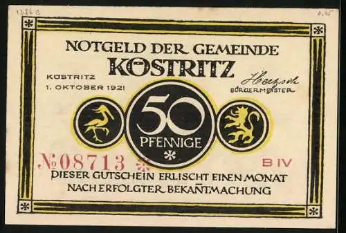 Notgeld Köstritz 1921, 50 Pfennig, Mann empfiehlt der Dame Köstritzer Schwarzbier zur Stärkung, Gutschein