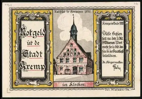 Notgeld Krempe 1920, 100 Pfennig, Rathaus, Kremper Deerns un Toorn, Wappen